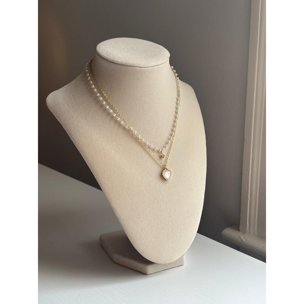 Layered Pearl Necklace Gold Heart Pendant Dainty Elegant Jewelry Gift - Picture 4 of 7